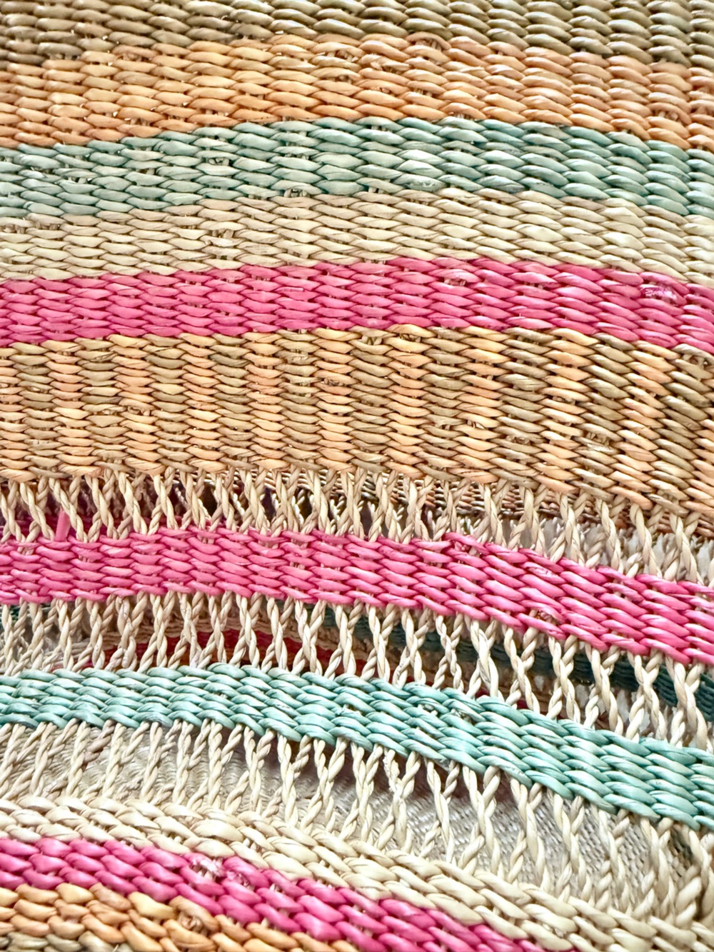 New Woven Straw Tote From the Bahamas with Pink & Mint Stripes